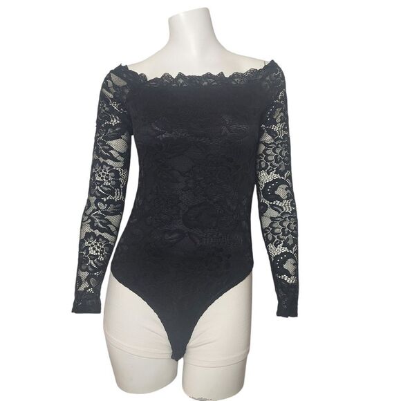 Black Lace Off-Shoulder Bodysuit - Picture 1 of 13